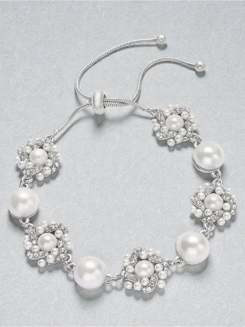 New Silver-Tone Pavé & Imitation Pearl Cluster Slider Bracelet
